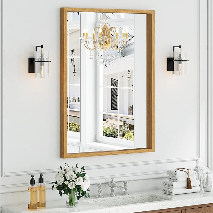 Syndra Natural Wood Frame Bathroom Mirror, 30x40'' Modern Vanity Mirror for Wall, Waterproof Slim Deep Frame, Rectangular HD Tempered Glass Mirror for Living Room, Bedroom, Entryway, Rustic, Farmhouse