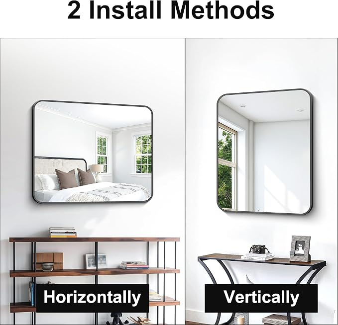 BONEWEI 30x36 inch Bathroom Mirror,Black Rectangle Mirror,Wall Mounted Bathroom Frame Vanity Mirror with Round Corner for Bedroom Living Room, Entryway Hangs Horizontal or Vertical