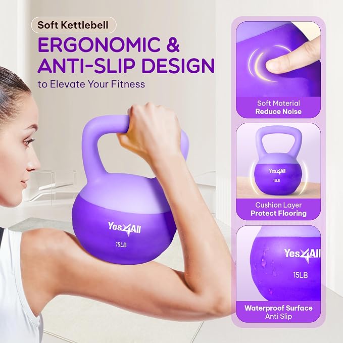 Yes4All Soft Kettlebell, PVC Strength Training Kettlebells for Women, Floor Protection & Quiet, Wide Handle, Aesthetic Soft Weights (5,10,15,20lb) for Home Gym, Fitness Beginners