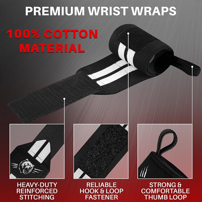 TECEUM Elastic Cotton Weightlifting Wrist Wraps with Thumb Loops, 1 Pair