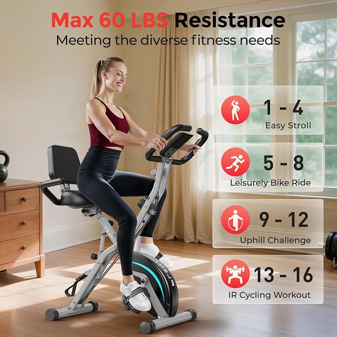 Pleny Folding Exercise Bike, 5 IN 1 Stationary Bikes for Home 6.6 LBS Flywheel, 330LB Weight Capacity Back Support Cushion Indoor Workout Cycling Bike for Home Gym