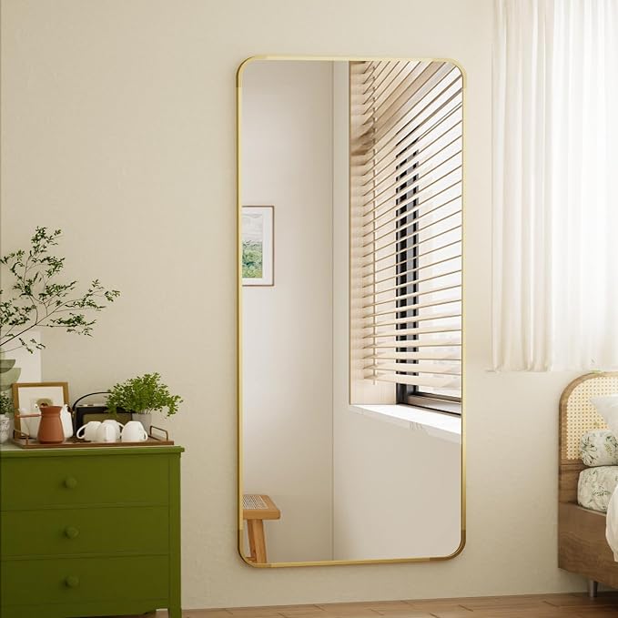 BEAUTYPEAK 71" x 32" Rounded Corner Full Length Mirror with Stand, Gold | Aluminum Alloy Frame with Standing, Leaning, or Wall-Mounted, Ideal for Bedroom, Dressing Room, Entryway, and Living Room