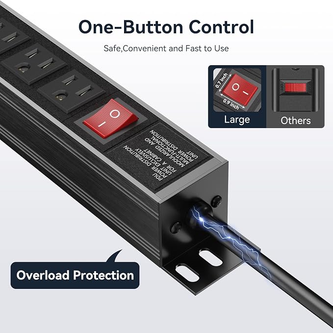 Heavy Duty Power Strip,8 Outlet Metal Power Strips Wall Mount, 1.6 inch Wide Spaced Industrial Surge Protector, Garage Outlet for Shop Workshop Power Strip with Switch & 6 FT Extension Cord, 300J