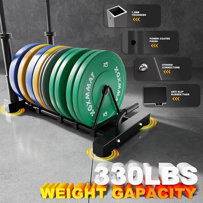 GXMMAT Horizontal Olympic Weight Plate Rack | 330lbs Capacity Powder-Coated Steel Frame | 4 Plate Storage Slots + 2 Barbell Holders | Adjustable Slot Spacing | Includes Wheels & Non-Slip Handles