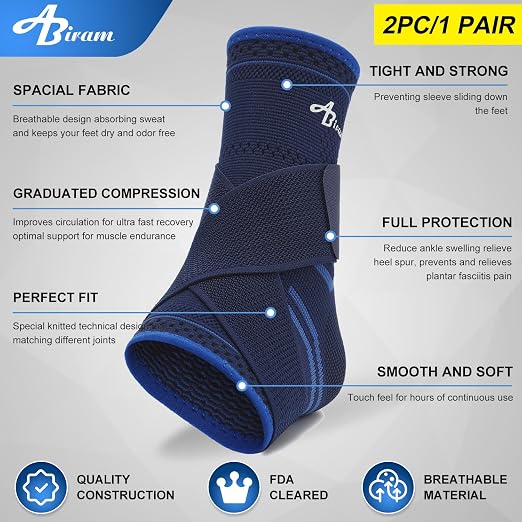 ABIRAM Ankle Brace for Men & Women - Adjustable Compression Sleeve with Wrap, Stability Support & Relief for Sprained Ankle, Plantar Fasciitis & Achilles Tendonitis - Breathable Running & Sports Gear