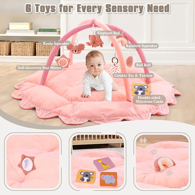 5-in-1 Plush Baby Play Gym, Activity Mat with Convertible Gym, Baby Gym 6 Sensory Toys, Play Center for Newborn to Toddler, Light Pink