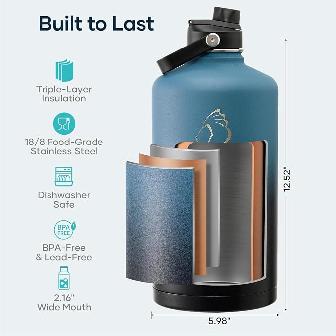 BUZIO 1 Gallon Water Bottle Insulated with Dust-proof Straw & Spout Lids | 128 oz Large Water Jug 18/8 Stainless Steel Triple Wall (Keep Cold 48Hrs/Hot 24 Hrs), Dishwasher Safe, Sweat-Proof, Black