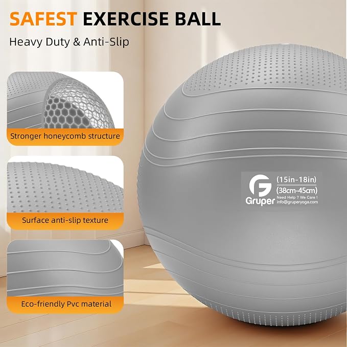 Gruper Yoga Ball, Extra Thick Non Slip Exercise Ball for Workout, Yoga, Pregnancy, 4 Sizes Anti Burst Chair for Home and Office, Includes Foot Pump & Fitness Guide