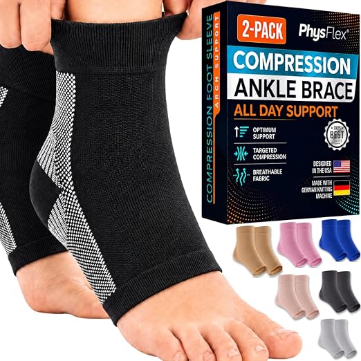 PhysFlex Ankle Brace Support - Ankle Compression Sleeve - Foot Brace for Women & Men - Tendonitis & Arthritis Ankle Brace Sports Running, Plantar Fasciitis Relief & Stabilizing Ankle Wrap