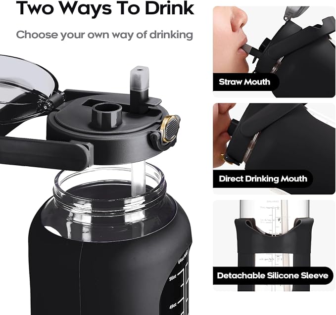 chunmo 74 oz Glass Water Bolttles with Straw Large Motivational Water Bottle with Time Marker Sports Water Bottles with Silicone Sleeve and Handle Lid 2.2L Water Jug for Gym Workout