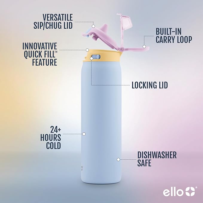 Ello Pop & Fill Insulated Stainless Steel Water Bottle with Quick Fill Lid, Leakproof Locking, Sip or Chug Spout, BPA-Free, Double Wall Vacuum Insulated for Sports, Travel & School- 22oz / 32oz / 40oz