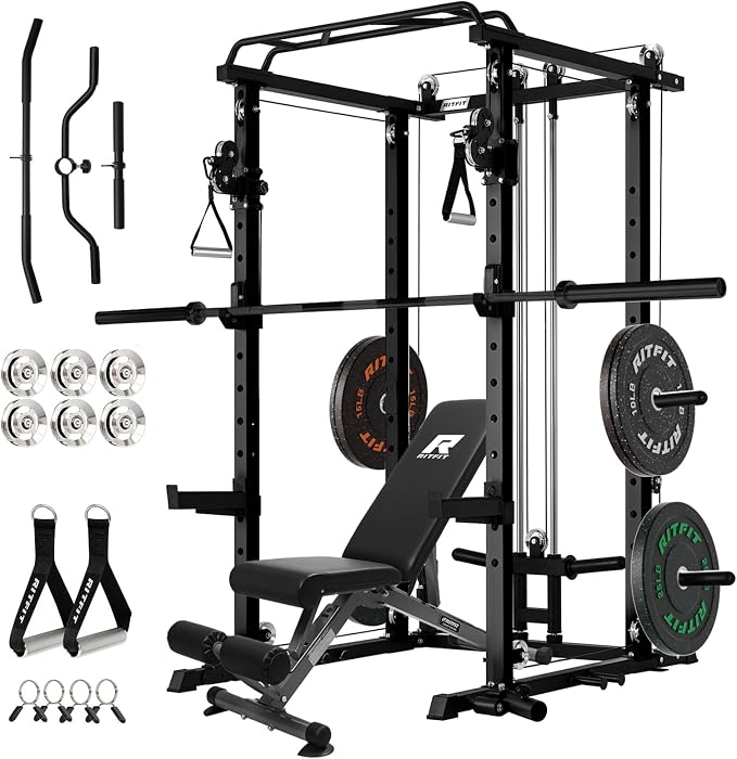 RitFit Power Cage Home Gym Package with Cable Crossover System | 1200LBS Power Rack, Weight Bench, Olympic Barbell & 230LBS Bumper Plates — All-in-One Home Gym
