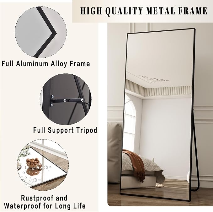 BEAUTYPEAK Full Length Mirror with Stand, 65"x24" Floor Mirror | ShatterVue Tempered Full Body Mirrors with Aluminum Alloy Thin Frame, Standing or Wall-Mounted Mirrors for Living Room, Black