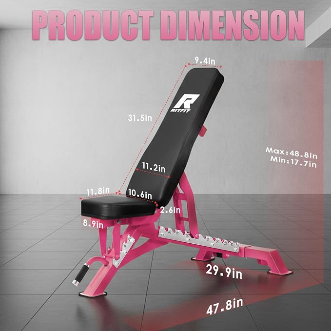 RitFit Adjustable/Foldable Utility Weight Bench for Home Gym | Incline Decline Flat, Multi-Position Backrest & Seat, Full Body Strength Training with Heavy Duty Steel Frame, Foldable