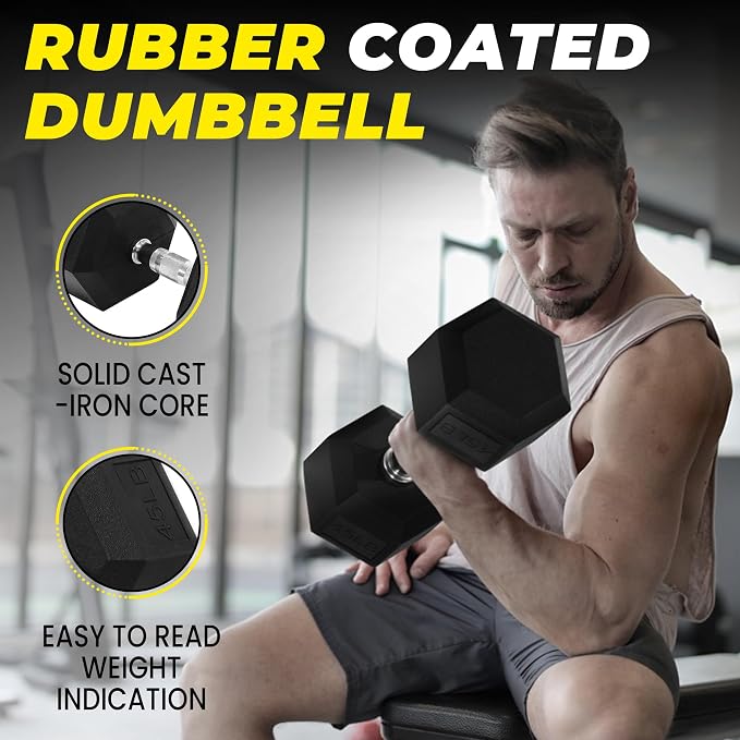 HulkFit Rubber Coated Hex Dumbbells, Anti-Roll Hand Weights Set of 2, Non-Slip Ergonomic Handle Low Odor for Home Gym