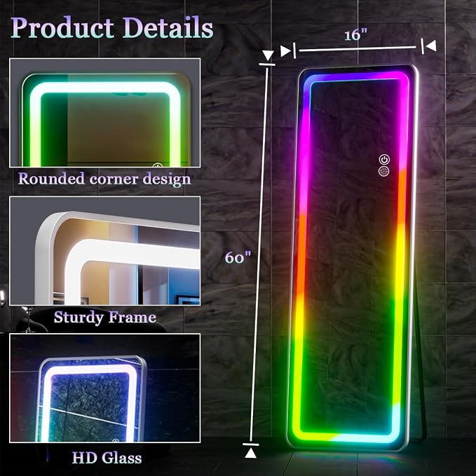 Koonmi Full Length Mirror with LED Lights, 60"x16" Lighted Mirror with Remote Control, RGB Color Changing Lights, 7 Dynamic Modes, Dimmable Brightness