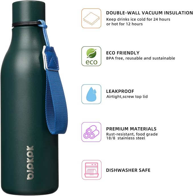 BJPKPK 18oz Insulated Water Bottle, Stainless Steel Bottle with Carry Strap | Keep Cold & Hot Vacuum Insulation, Leak-Proof BPA-Free Design, Slim Bottle Fits Most Cup Holders for Gym, Office & Travel