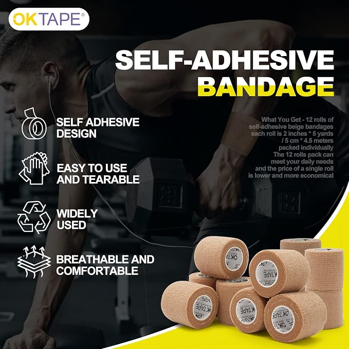 OK TAPE 12 Rolls Self Adhesive Bandage Wrap, Cohesive Elastic Athletic Tape | Vet Wrap, Sports Tape, Medical Wrap for Wrist, Feet, Self Stick Bandage Tape, 2" x 5 Yards - Beige