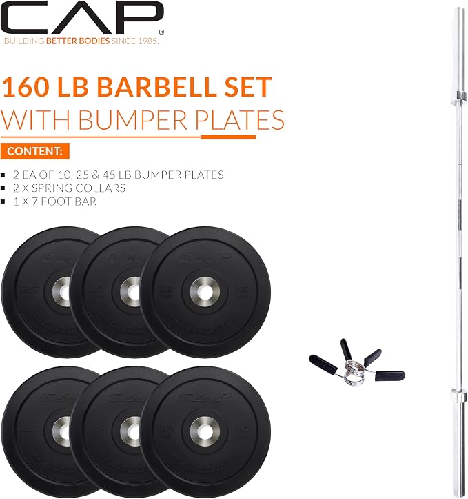 CAP Barbell Olympic Weight Set with 7ft Barbell & Bumper Plates | 160-370 lbs | Multiple Options