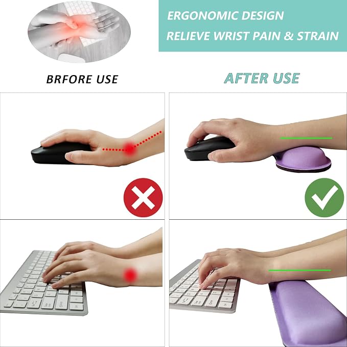 Keyboard Wrist Rest Mouse Wrist Support Set, Memory Foam Wrist Rest Pad for Computer Laptop Keyboard Mouse, Ergonomic Wrist Cushion Support for Typing Pain Relief, Gaming Home Office, Purple
