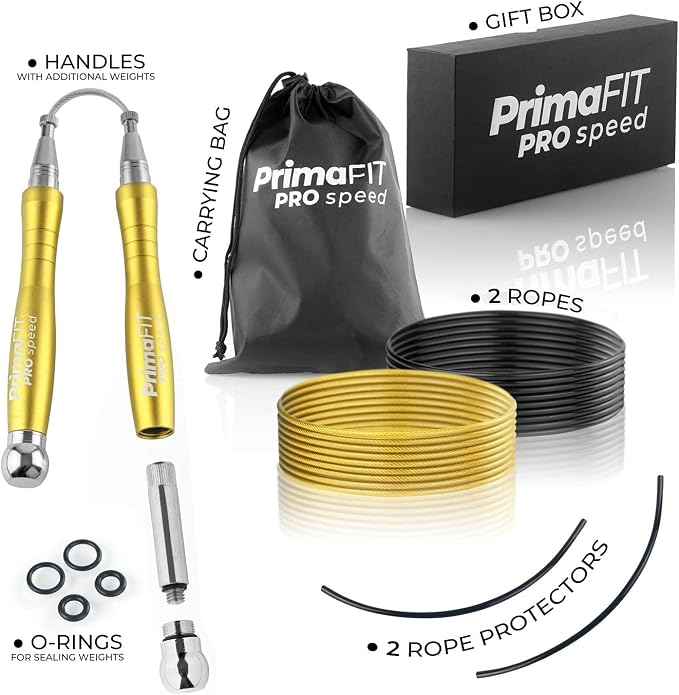 PrimaFIT Pro Speed Jump Rope for Adults, Weighted Skipping Rope for Boxing | Adjustable Jumping Rope for Fitness Workout & CrossFit Exercise, Double Unders, Handle Weights, 3m Cables 2 Protectors, Bag