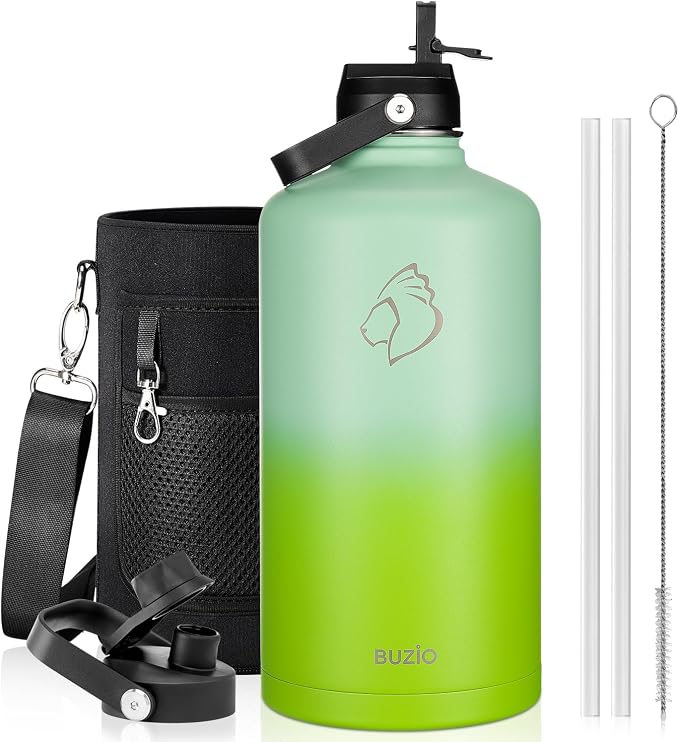 BUZIO 1 Gallon Water Bottle Insulated with Dust-proof Straw & Spout Lids | 128 oz Large Water Jug 18/8 Stainless Steel Triple Wall (Keep Cold 48Hrs/Hot 24 Hrs), Dishwasher Safe, Sweat-Proof, Black