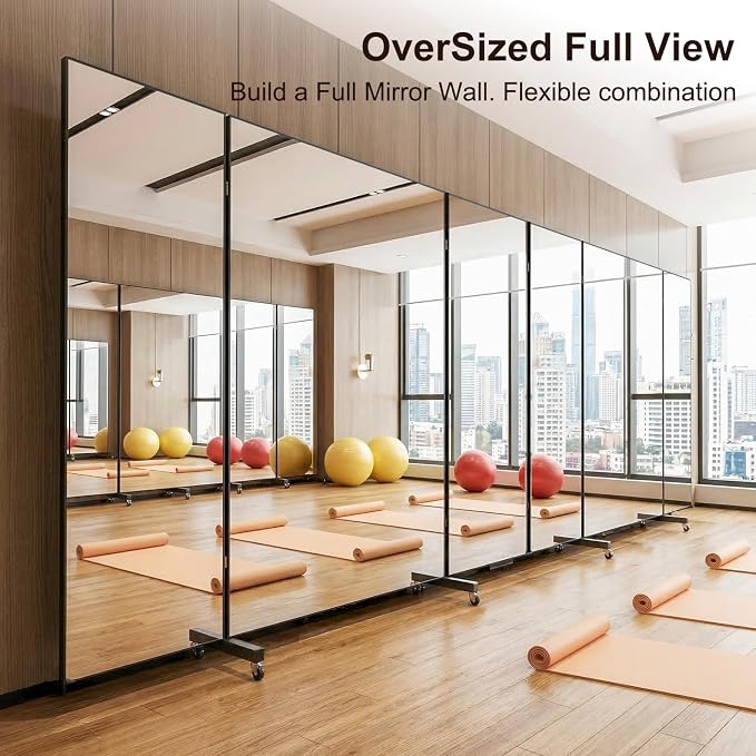Full Length Mirror with 360° Wheels, 47" x 63" Foldable Floor Mirror with Nano-Tech Shatterproof Film - Ultra-Large Mobile Mirror for Home Gym, Dance Studio & Commercial Spaces (Black)