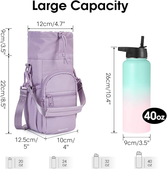 sportsnew 40oz Insulated Crossbody Water Bottle Bag Gym Hiking Phone Pocket | Water-resistant Lining, Padded Strap, Top Handle, Drawstring, Phone Pocket, Elastic Slots, Built-In Key Clip for Gym Walking
