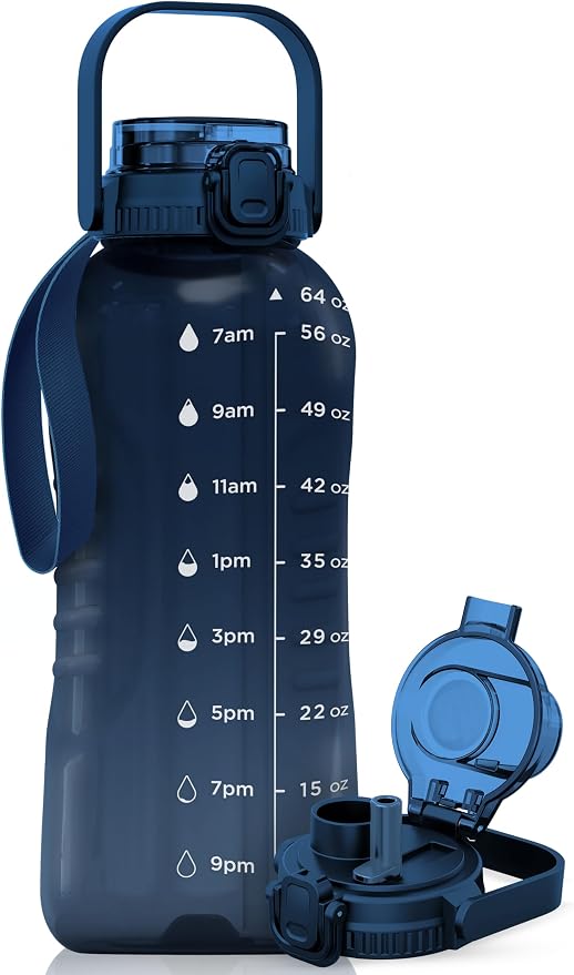 AQUAFIT 64 oz Water Bottle with Handle, 2in1 Lid | BPA Free Half Gallon Water Bottle with 2in1 Straw and Chug Lid - Leakproof Gym Water Bottle with Time Marker (Nebula)