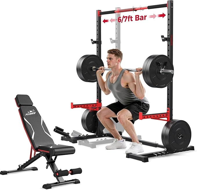FLYBIRD SR1 Squat Rack, Adjustable Power Rack for 6FT/7FT Barbells | Squat Rack for Home Gyms with Pull-Up Bar,22 Adjustment Positions, J-Hooks and Safety Spotter Arms w/ 110/180LBS Home Package