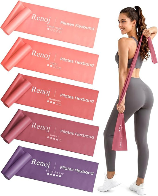 Renoj Pilates Flexbands, 5-Pack Latex-Free Resistance Bands Set – Exercise Bands for Pilates, Yoga, Stretching & Physical Therapy | Home Gym Equipment for Women & Men