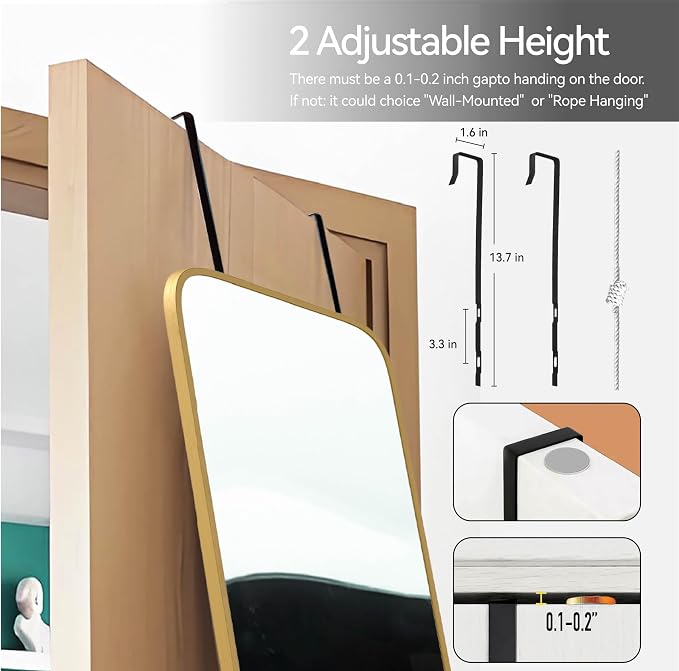 SCWF-GZ 57x16 Full Length Mirror Over The Door Hanging, Floor Stand/Wall Mounted Aluminum Alloy Frame Dressing Mirror for Bedroom Living Room 57 inch Gold