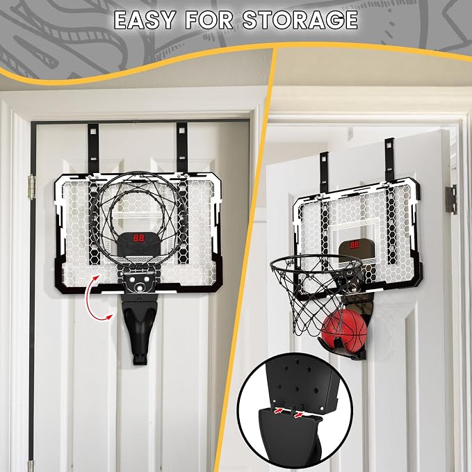 QDRAGON Mini Basketball Hoop with Scoreboard & 7 LED Lighting | Over The Door Indoor, with 3 Balls/Inflator/Breakaway Rim, Basketball Toy Gifts for Kids Adults, Suit for Bedroom/Office