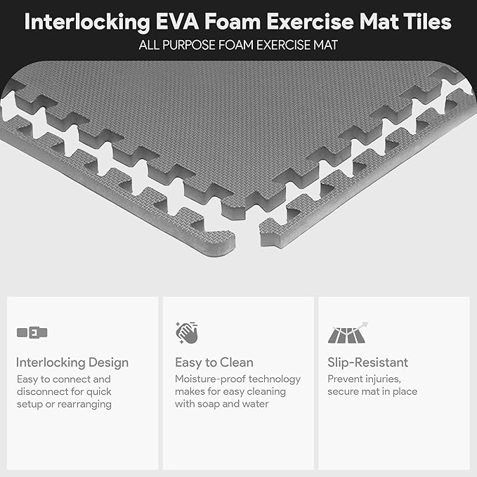 BalanceFrom Puzzle Exercise Mat 1/2" Thick, EVA Interlocking Foam Floor Tiles for Home Gym, Mat for Home Workout Equipment, Floor Padding for Kids, Gray, 24 in x 24 in x 1/2 in, 24 Sq Ft - 6 Tiles | Tiles for Home Gym, Mat for Home Workout Equipment, F...