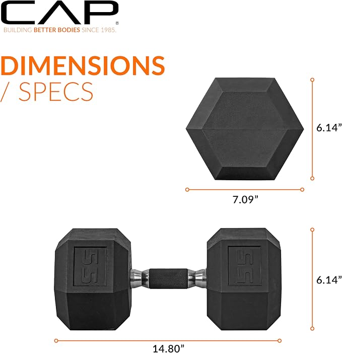 CAP Rubber Coated Dumbbell Weights, Free Weights for Home Gym Strength Training, Anti-Roll Hex Dumbbells with Black, Chrome & Comfort Grip Handles, Pairs & Sets