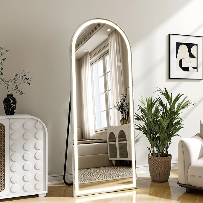 LED Arched Full Length Mirror with Lights 56"x20" | Lighted Floor Mirror with Dimming & 3 Color Lighting Aluminum Frame Standing Leaning or Hanging for Bedroom Cloakroom