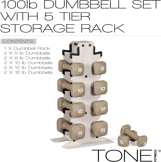 Tone Fitness Neoprene Dumbbell Set with Storage Rack – Non-Slip, Anti-Roll Hand Weights for Home Gym Workouts | 20 lb, 32 lb, 50 lb, 60 lb & 100 lb Options
