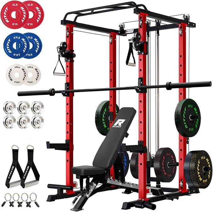 RitFit Power Cage Home Gym Package with Cable Crossover System | 1200LBS Power Rack, Weight Bench, Olympic Barbell & 230LBS Bumper Plates — All-in-One Home Gym