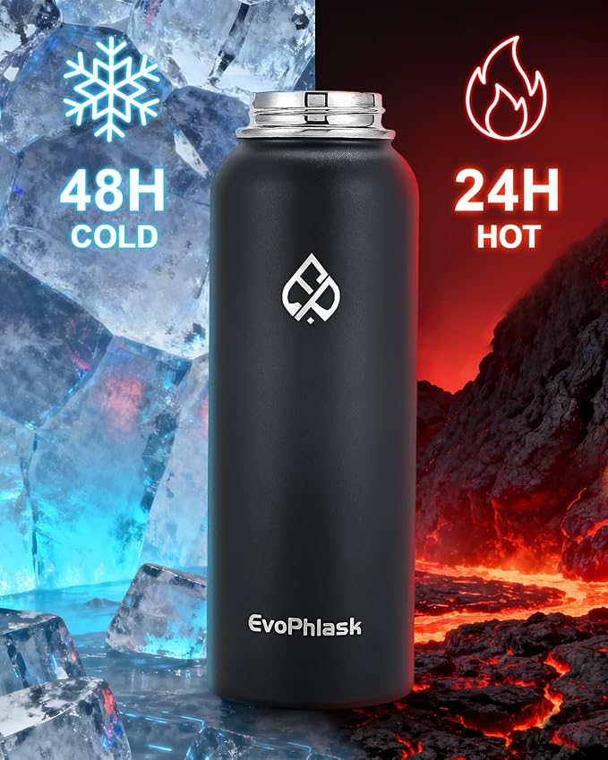 40 oz Insulated Water Bottle(Cold for 48Hrs), Matte Black | Stainless Steel, BPA Free, Leak Proof, Large Metal Water Jug, For Sport, Hiking, Camping, Travel