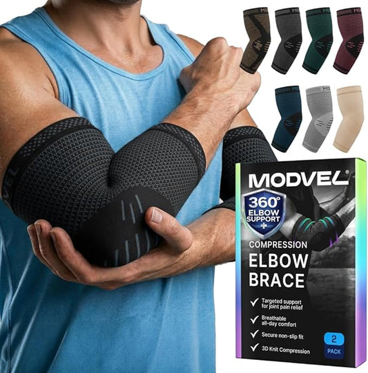 Modvel 2 Pack Elbow Brace for Tendonitis and Tennis Elbow Brace for Women and Men, Elbow Compression Sleeve for Pain Relief and Recovery – Elbow Sleeves Weightlifting Men, Sports & Workout, Arm Brace