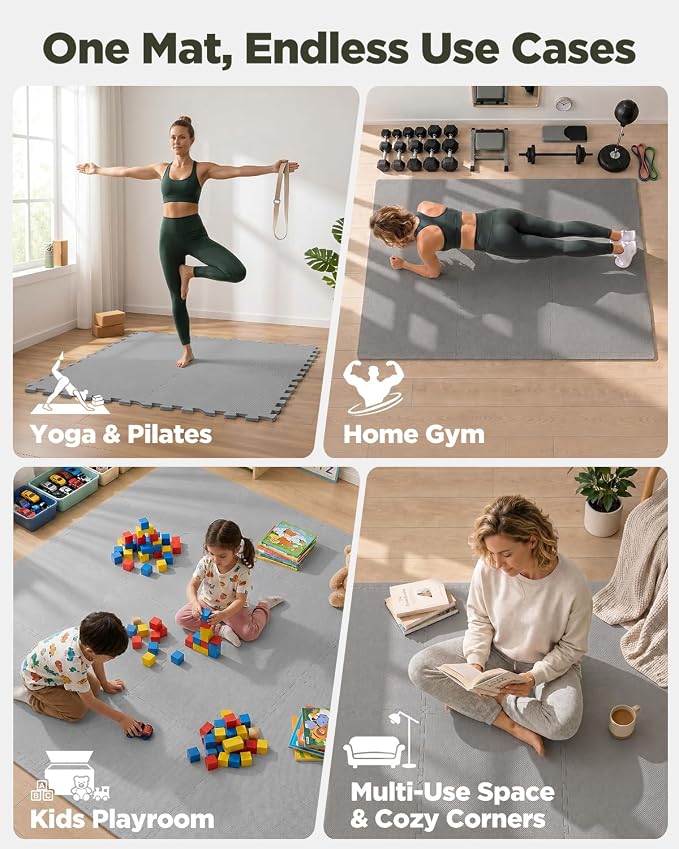 1/2" Thick 12 Pcs 48 Sq Ft EVA Foam Puzzle Exercise Mats, High-Density Interlocking Foam Floor Tiles for Home Gym, Gym Mat for Workout Equipment & Direct Exercise, Floor Padding for Kids
