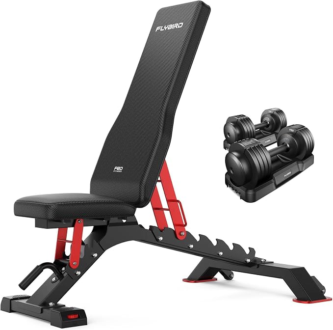 FLYBIRD WB7 Weight Bench, 1300LBS Commercial Adjustable Weight Bench, Workout Bench for Home Gym, Flat Incline Bench Press Heavy Duty Bench with 34'' Extra-Long Backrest and Easy-Roll Wheels