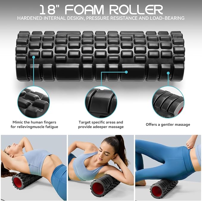 Krightlink 5-in-1 18" Foam Roller Set for Deep Muscle Massage Release | Foam Roller Back Roller for Fitness Relieves Muscle Pain Myofascial Trigger Point Release Pilates, Yoga (18" Black)