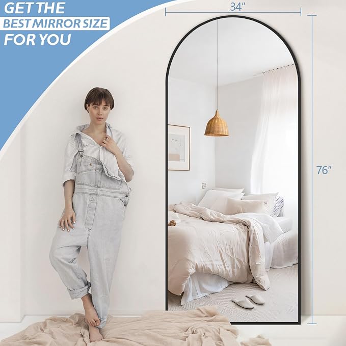 76"x34" Large Arched Floor Mirror Full Length with Stand, Black | Vertically Wall‑Mountable, Freestanding or Wall‑Leaning, for Bedroom Living Room Gym, Tempered Glass, Aluminum Alloy Frame
