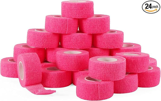 24 Rolls Elastic Self Adhesive Bandage Wrap 1 Inch, Breathable Non Woven Cohesive Bandage, Vet Wrap for Dogs, Ankle Sprains Swelling Medical First Aid Tape, Sports Athletic Tape Color Hot Pink
