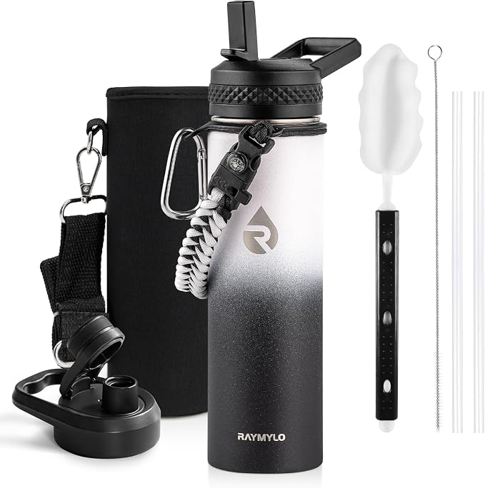 RAYMYLO Insulated Water Bottle 20 oz, Triple Wall Vacuum Stainless Steel | (Cold for 24Hrs, Hot for 12Hrs), Leak Proof & Non-BPA, Modern Water Bottle Jug for School with Straw Spout Lids