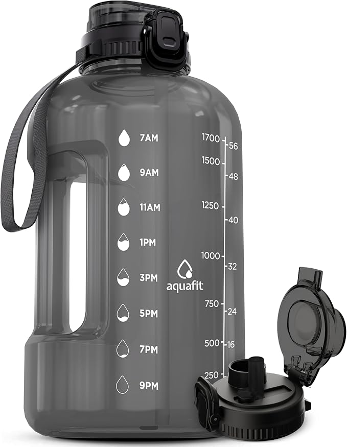 AQUAFIT Half Gallon Water Bottle with Time Marker, 2in1 Lid | BPA Free 64 oz Water Jug with 2in1 Straw and Chug Lid - Leakproof Gym Water Jug with Carry Handle (Gray)
