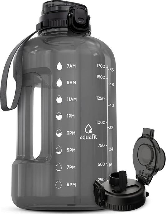 AQUAFIT Half Gallon Water Bottle with Time Marker, 2in1 Lid | BPA Free 64 oz Water Jug with 2in1 Straw and Chug Lid - Leakproof Gym Water Jug with Carry Handle (Gray)