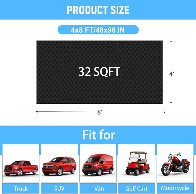 4x8 FT Garage Floor Mat, 2.8mm Thickened Diamond Plate | PVC Flooring Roll for Under Car/Golf Cart/Motorcycle, Garage Mat for Warehouse/Basement/Gyms/Trailer, Tapes Included, Black