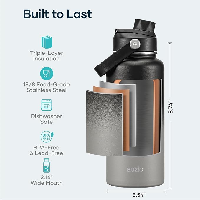 BUZIO Insulated Stainless Steel Water Bottle 32 oz with Straw & Spout Lids | Triple Wall Insulated Tumbler (Dishwasher Safe) ,Cold for 48 Hrs/Hot for 24 Hrs, Leakproof, BPA-Free, for Sports, Gym, School